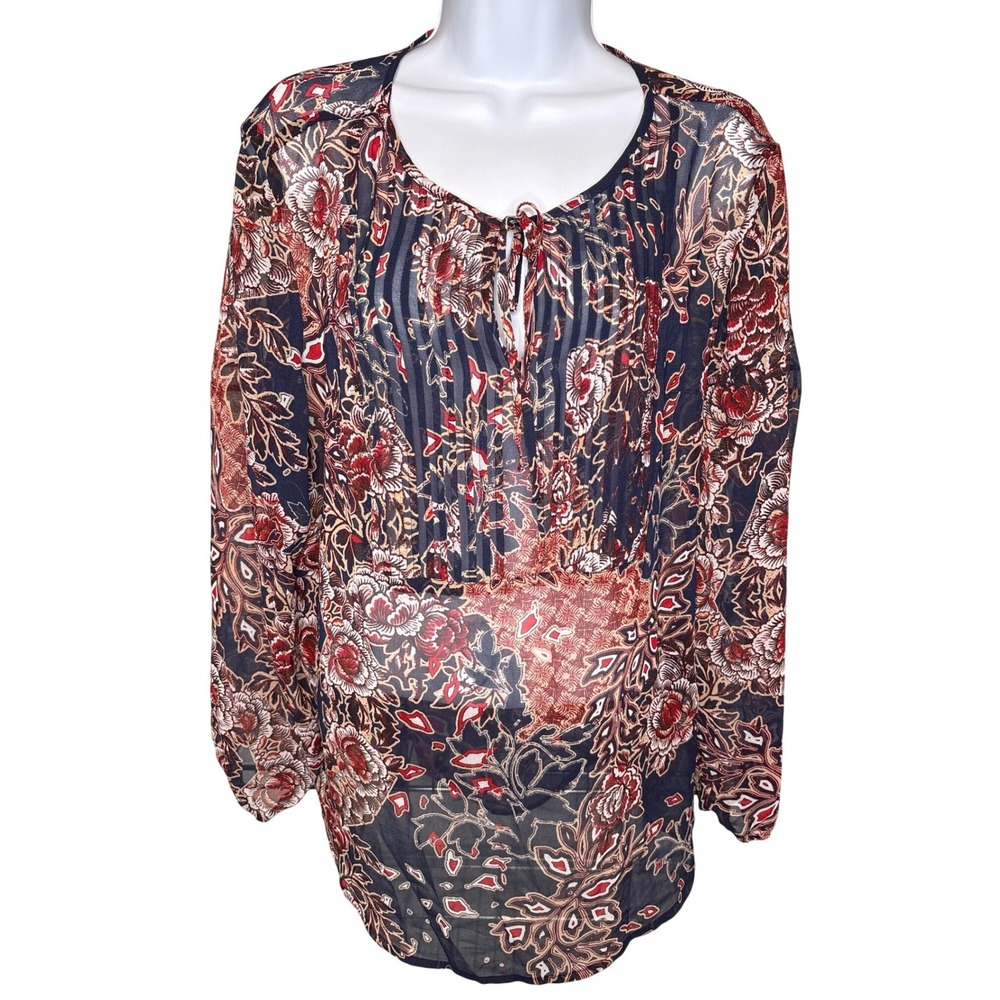 Chico's Women Navy Red Floral Sheer Chiffon Tunic Blouse 2/L Flowy Boho Romantic
